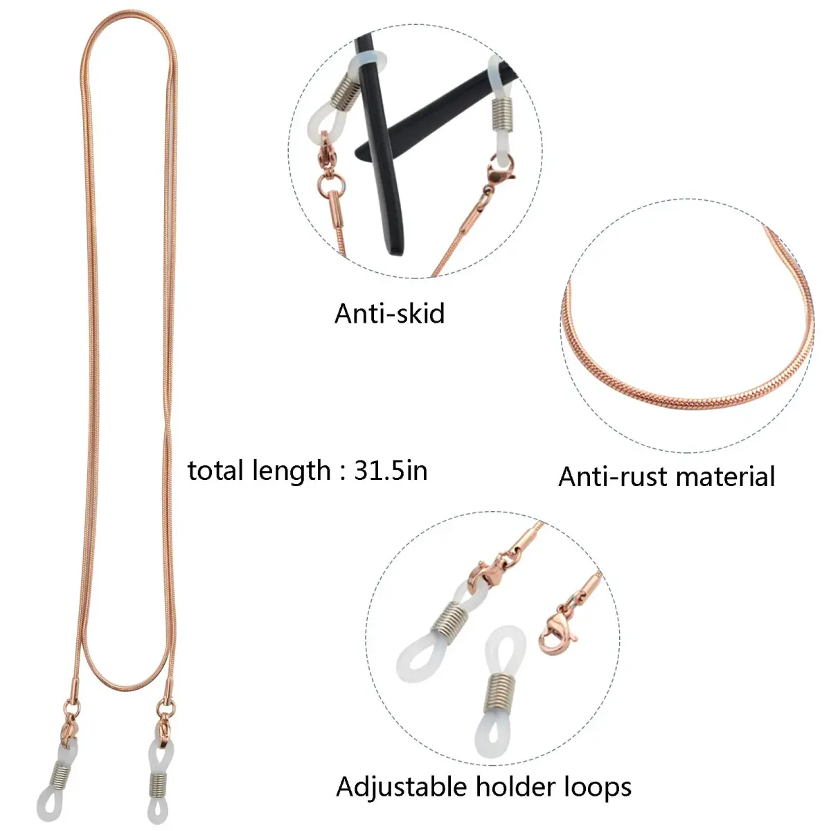 Jmkcoz Rose Gold Eyeglass Chain Holder 80cm (2.62 ft) | Sunglass Retainer Strap - view 2