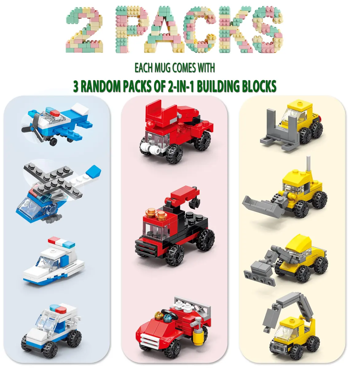 DAYMOO Build-on Brick Mug Set with 2 Random Packs of 2-in-1 Bricks | Creative Novelty Coffee Mug for Kids & Adults (70-120 chars) - view 2