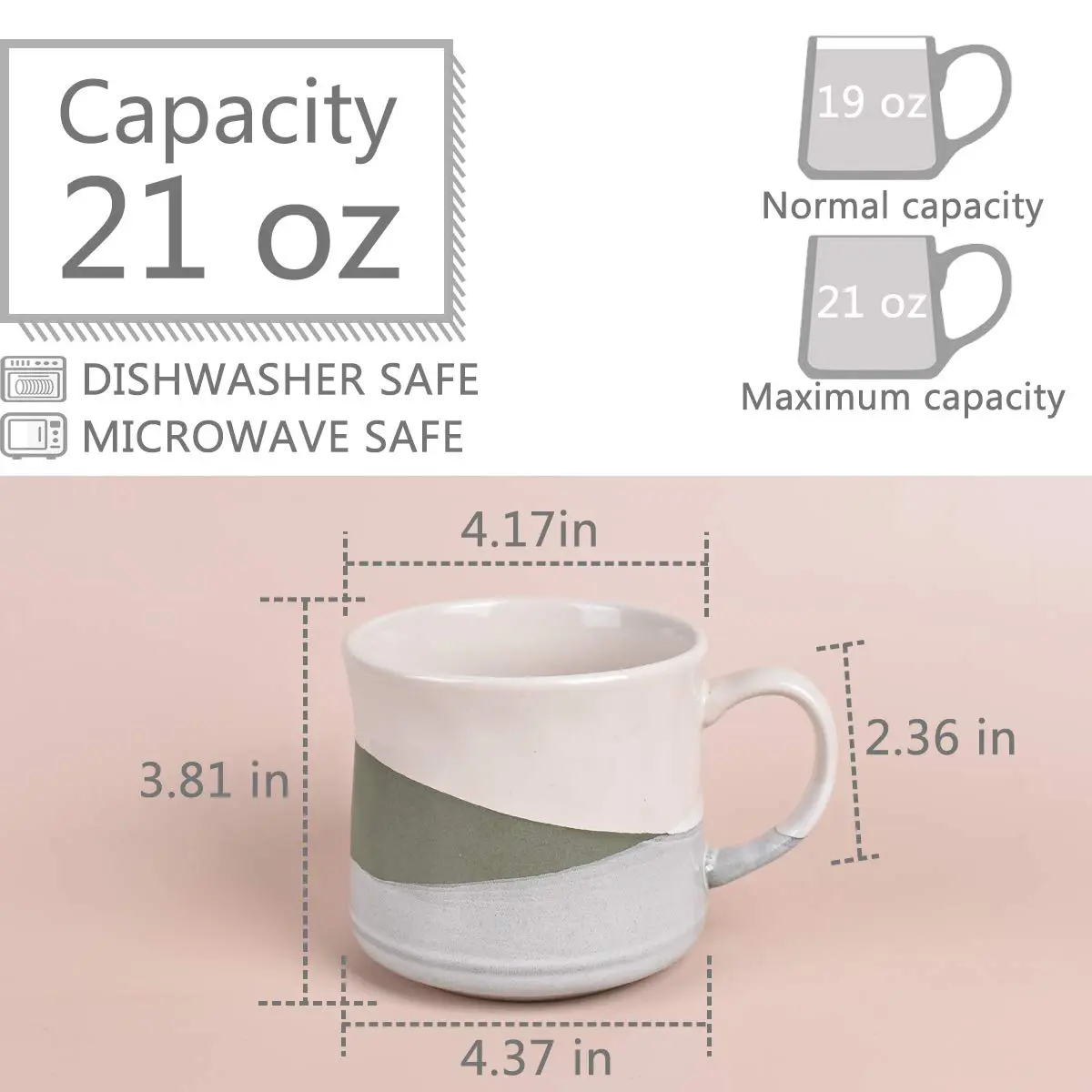 Bosmarlin Stoneware Coffee Mug 21 Oz | Dishwasher & Microwave Safe, Geometric-Green - view 2