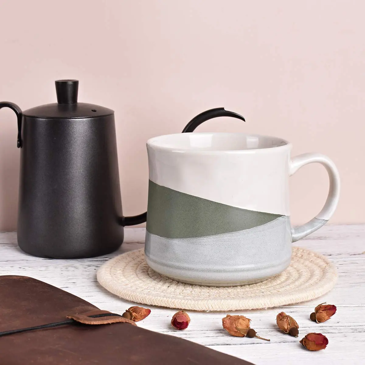 Bosmarlin Stoneware Coffee Mug 21 Oz | Dishwasher & Microwave Safe, Geometric-Green - view 4