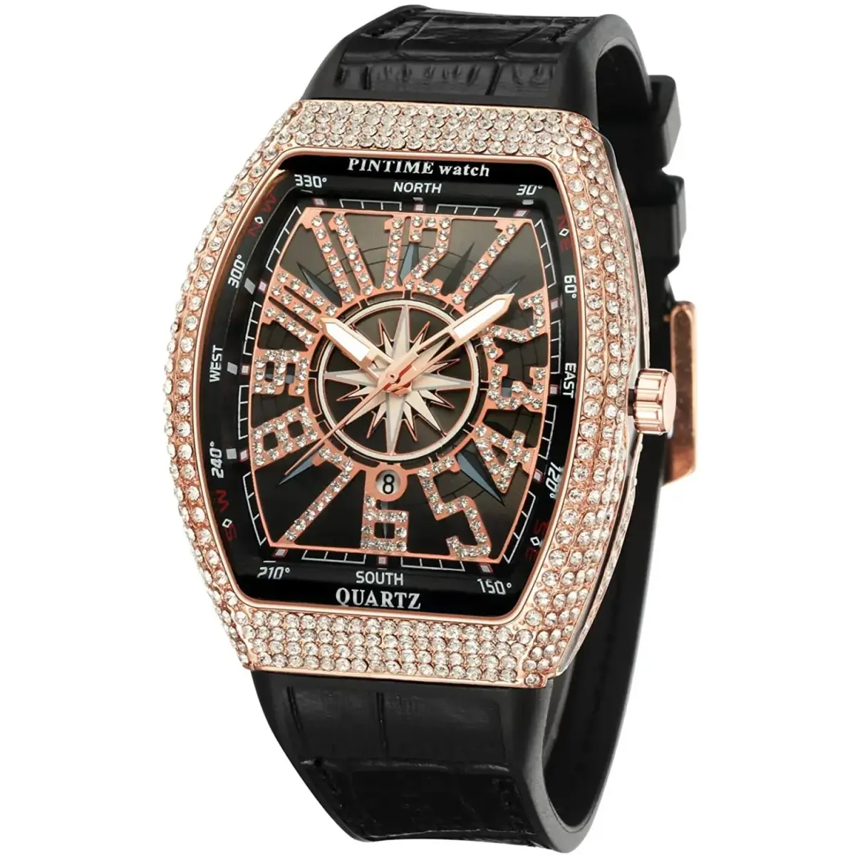 FANMIS Men's Skull Big Face Watch Rectangle Punk Diamond Dial Leather Strap Quartz 42mm (Rose Black) - main product image