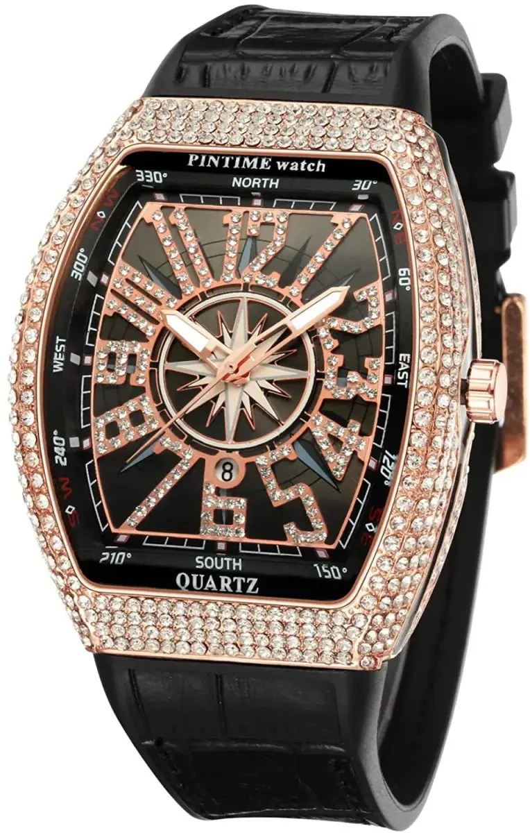 FANMIS Men's Skull Big Face Watch Rectangle Punk Diamond Dial Leather Strap Quartz 42mm (Rose Black) - main product image