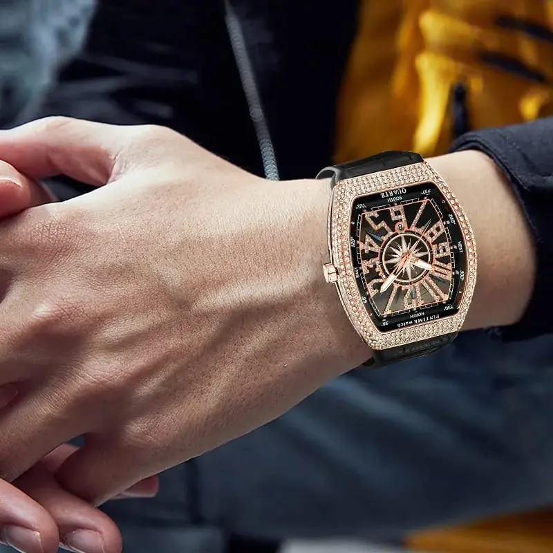FANMIS Men's Skull Big Face Watch Rectangle Punk Diamond Dial Leather Strap Quartz 42mm (Rose Black) - view 5