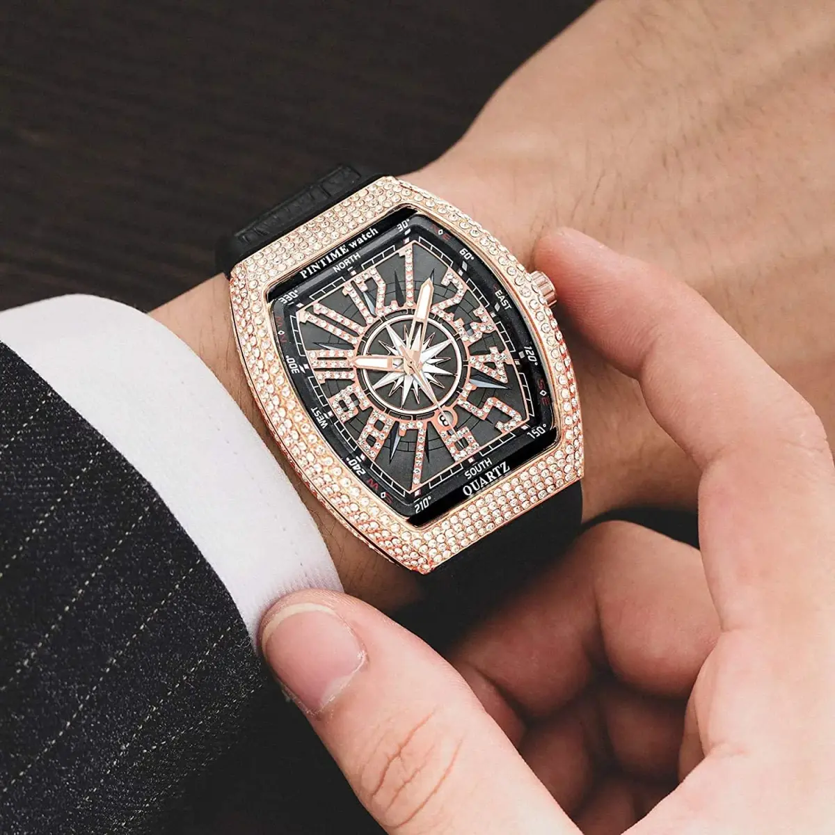 FANMIS Men's Skull Big Face Watch Rectangle Punk Diamond Dial Leather Strap Quartz 42mm (Rose Black) - view 2