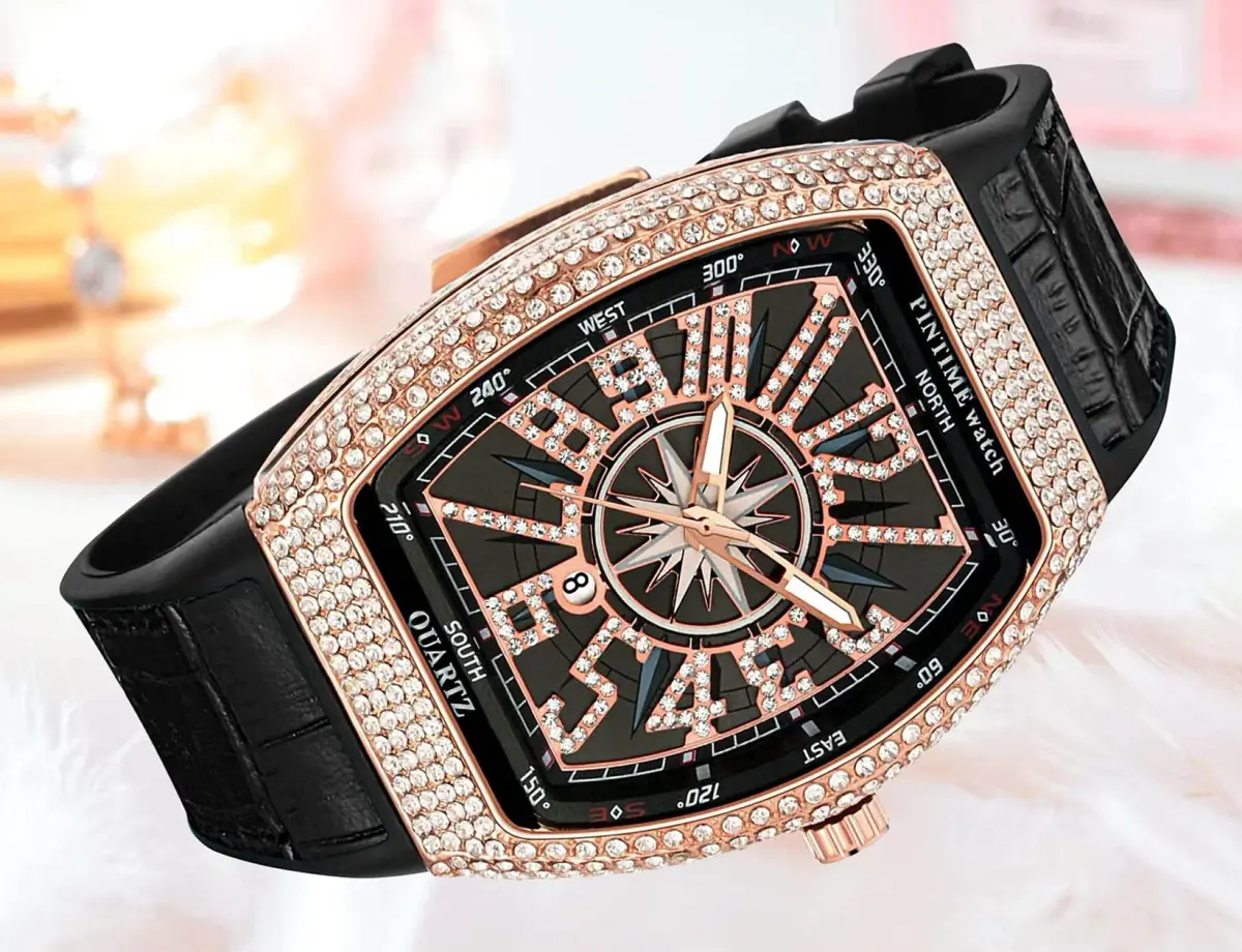 FANMIS Men's Skull Big Face Watch Rectangle Punk Diamond Dial Leather Strap Quartz 42mm (Rose Black) - view 3