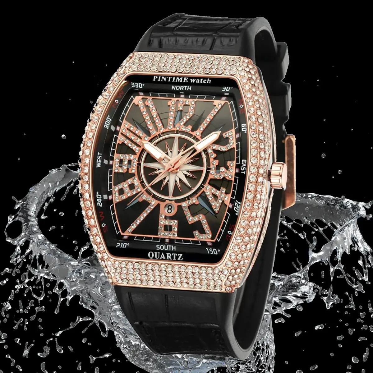 FANMIS Men's Skull Big Face Watch Rectangle Punk Diamond Dial Leather Strap Quartz 42mm (Rose Black) - view 4