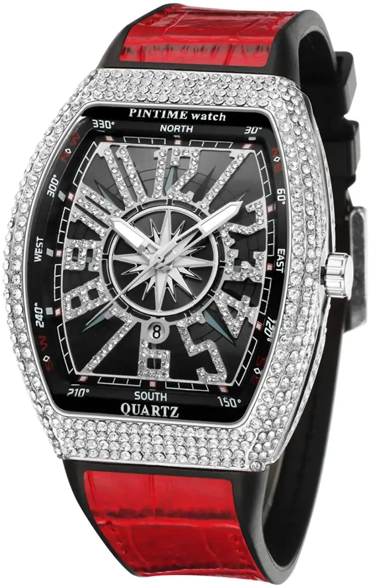 FANMIS Men's Rectangle Skull Watch 42.5mm (Silver Red) | Big Face Diamond Dial Leather Strap - main product image