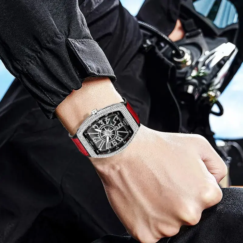 FANMIS Men's Rectangle Skull Watch 42.5mm (Silver Red) | Big Face Diamond Dial Leather Strap - view 5