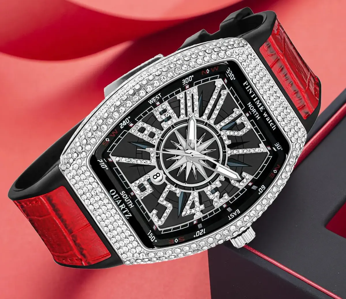 FANMIS Men's Rectangle Skull Watch 42.5mm (Silver Red) | Big Face Diamond Dial Leather Strap - view 6