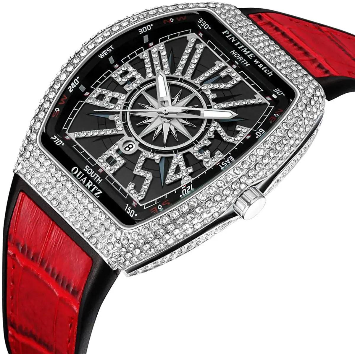 FANMIS Men's Rectangle Skull Watch 42.5mm (Silver Red) | Big Face Diamond Dial Leather Strap - view 2