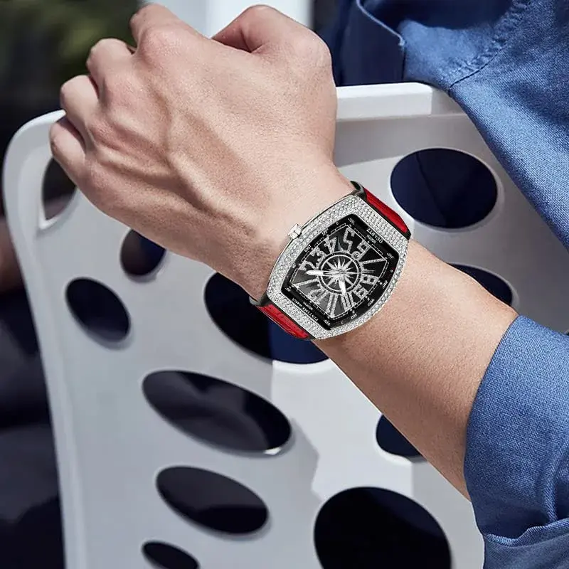 FANMIS Men's Rectangle Skull Watch 42.5mm (Silver Red) | Big Face Diamond Dial Leather Strap - view 4