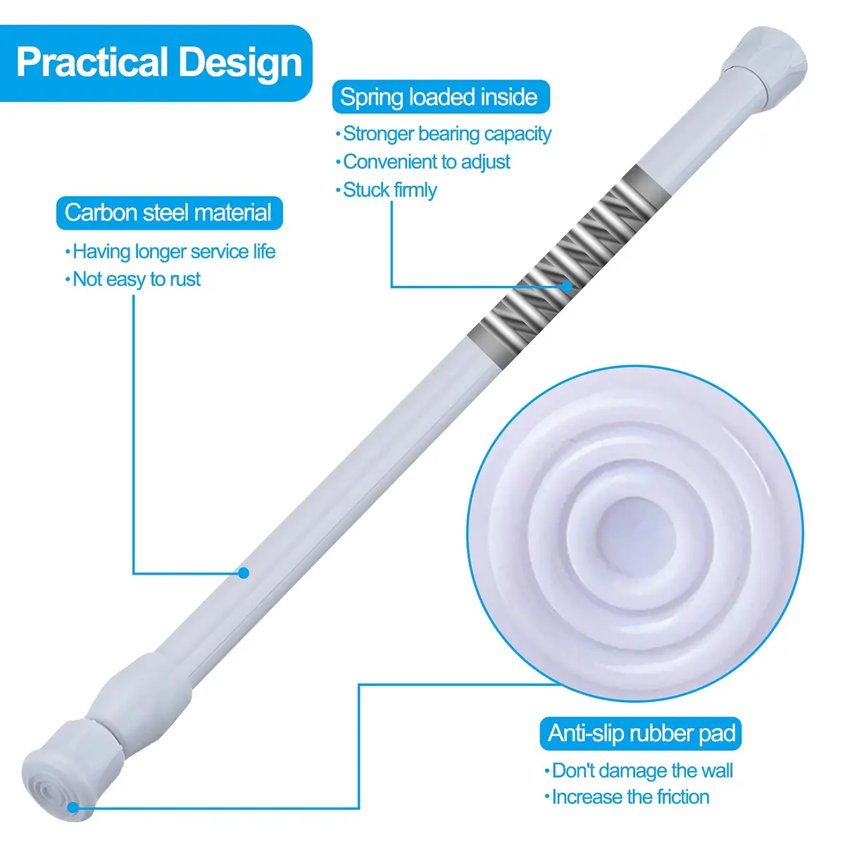 SIQUK 6 Pack Adjustable Spring Tension Rods 20.3 cm (8") | White, 12-20 Inch Range - view 2
