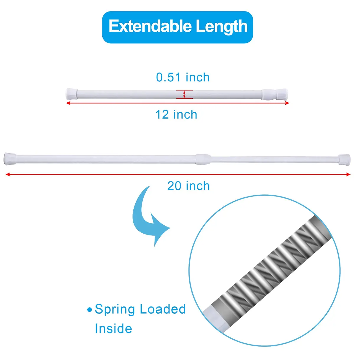 SIQUK 6 Pack Adjustable Spring Tension Rods 20.3 cm (8") | White, 12-20 Inch Range - view 3