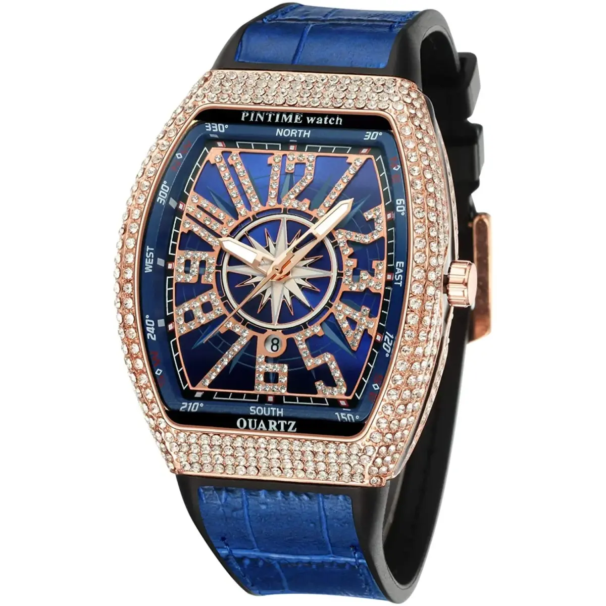 FANMIS Men's Skull Big Face Watch Rectangle Punk Diamond Dial Leather Strap Calendar Quartz Sports Wrist Watch (Rose Blue) 43mm | Luxury Bling Crystal Watch - main product image