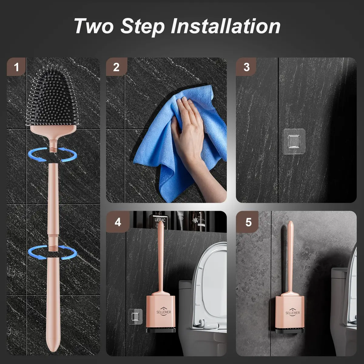 Sellemer Silicone Toilet Brush with Ventilation Slots Holder 41cm (16.15in) | Easy Clean Dead Corner - view 7