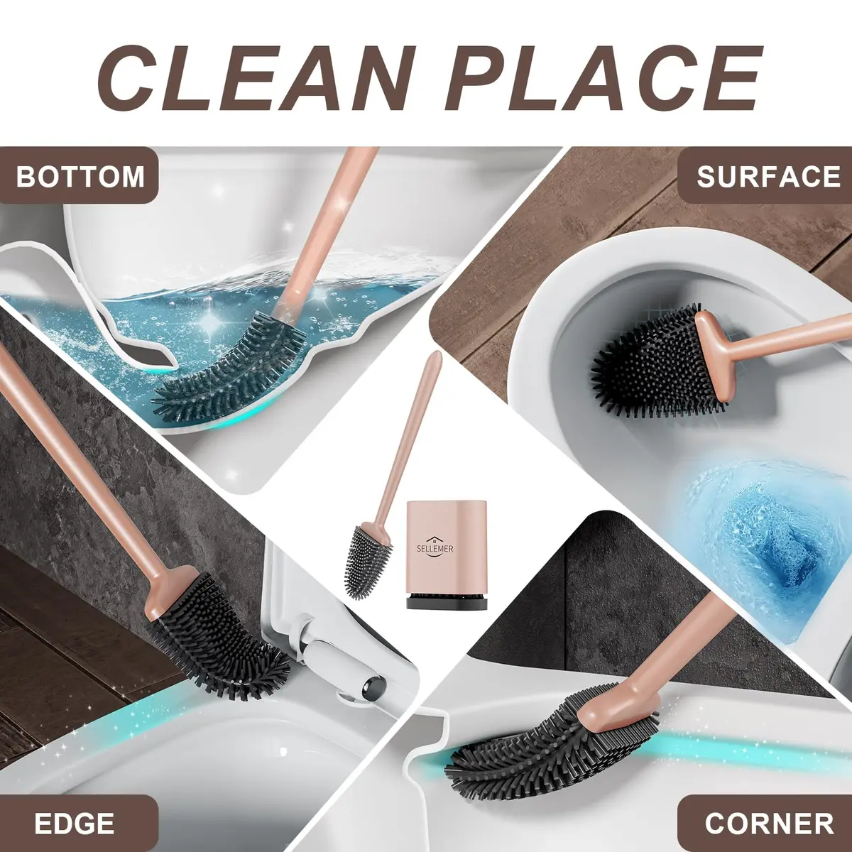 Sellemer Silicone Toilet Brush with Ventilation Slots Holder 41cm (16.15in) | Easy Clean Dead Corner - view 2