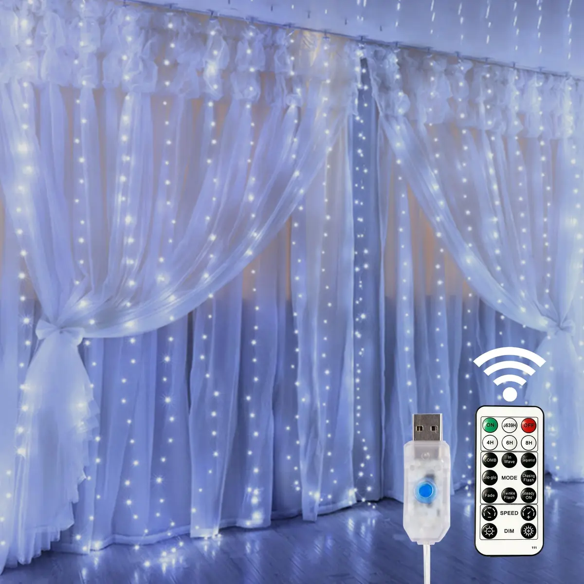 HOME LIGHTING Window Curtain String Lights, 300 LED, 8 Modes, USB, Waterproof, Cool White | Festive Indoor & Outdoor Decor - main product image