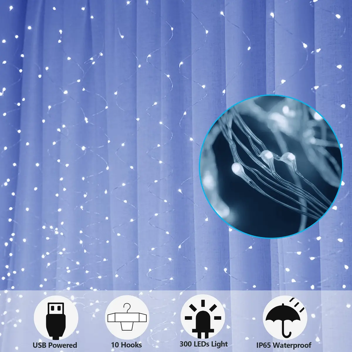 HOME LIGHTING Window Curtain String Lights, 300 LED, 8 Modes, USB, Waterproof, Cool White | Festive Indoor & Outdoor Decor - view 2