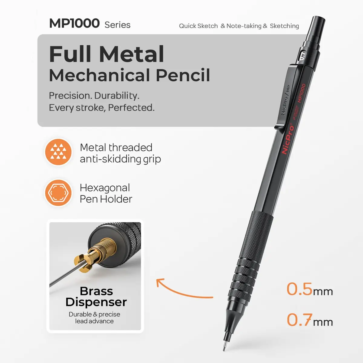 Nicpro MP1000 Series Mechanical Pencil Set 0.5mm & 0.7mm | Full Metal Body with Case & Refills - view 2
