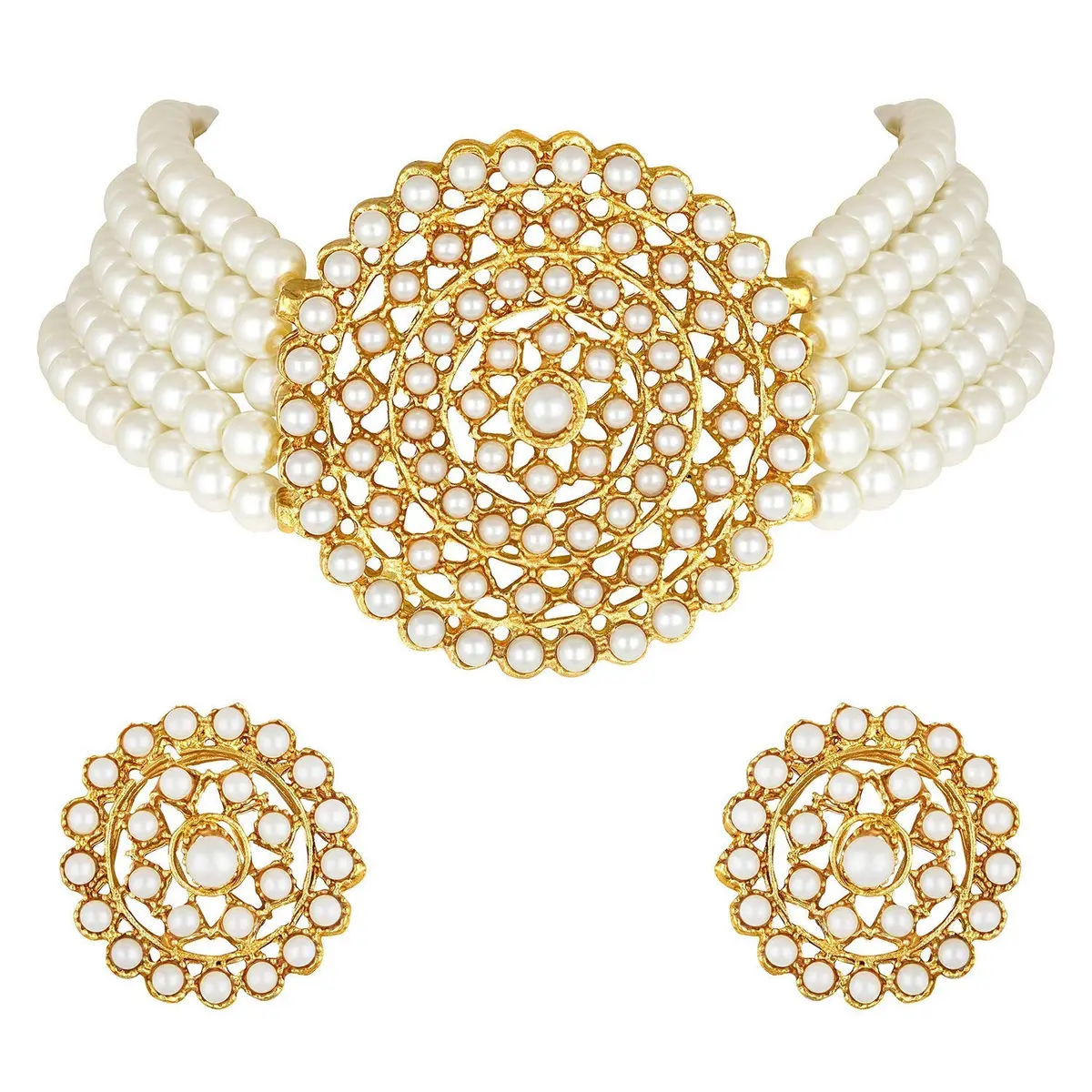 I Jewels Gold Plated Beaded Choker Set with Moti Work & Earrings, 21cm Necklace | Lightweight Traditional Indian Jewelry - main product image