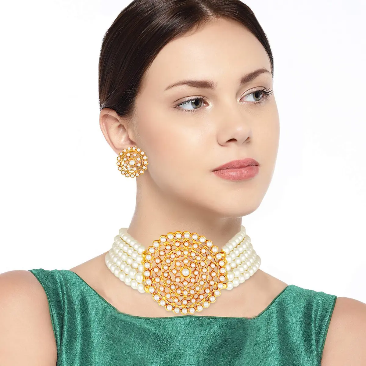 I Jewels Gold Plated Beaded Choker Set with Moti Work & Earrings, 21cm Necklace | Lightweight Traditional Indian Jewelry - view 3