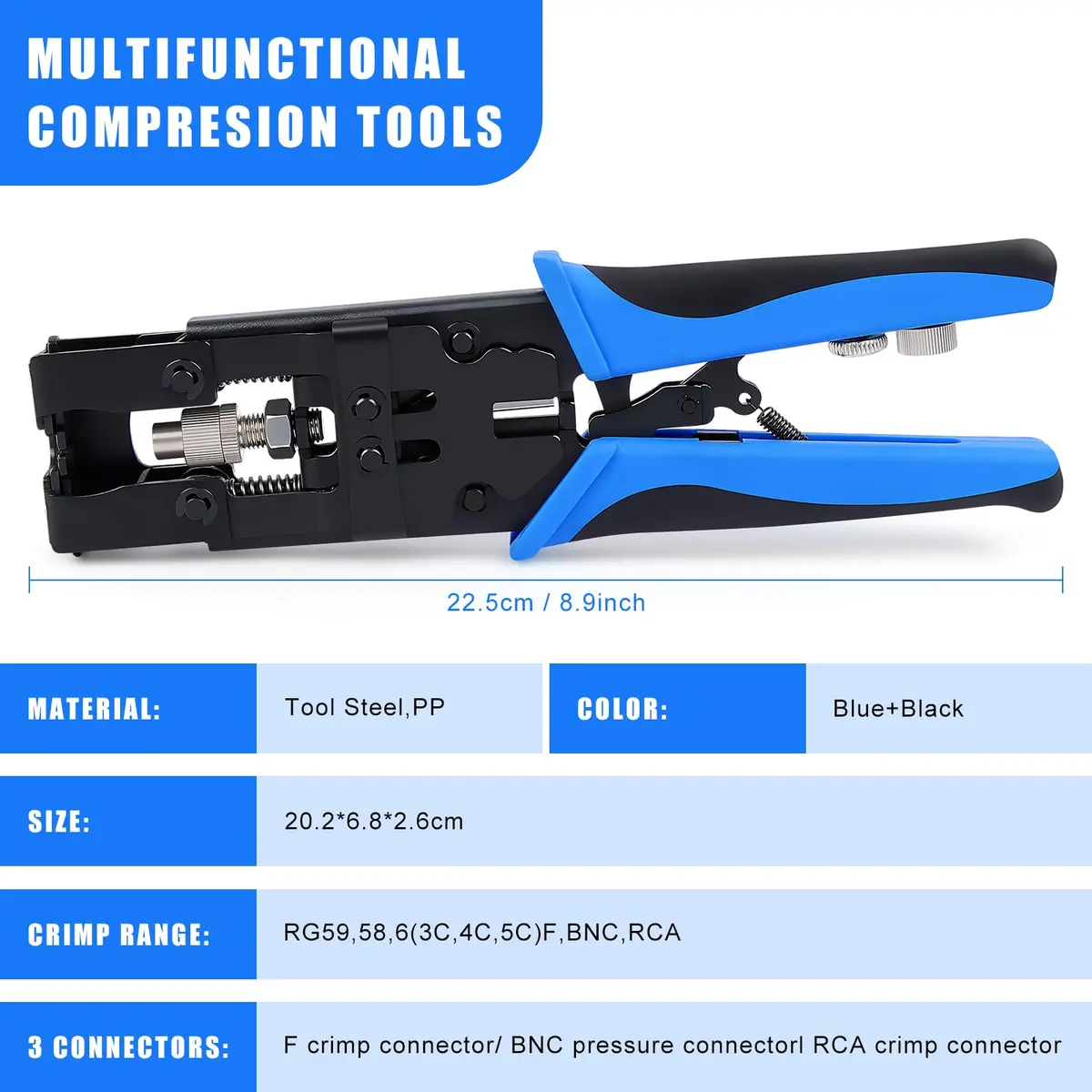 Delgada Coax Cable Crimper 3-in-1 BNC Compression Tool for RG58 RG59 RG6 | Durable, Ergonomic, Waterproof - view 3