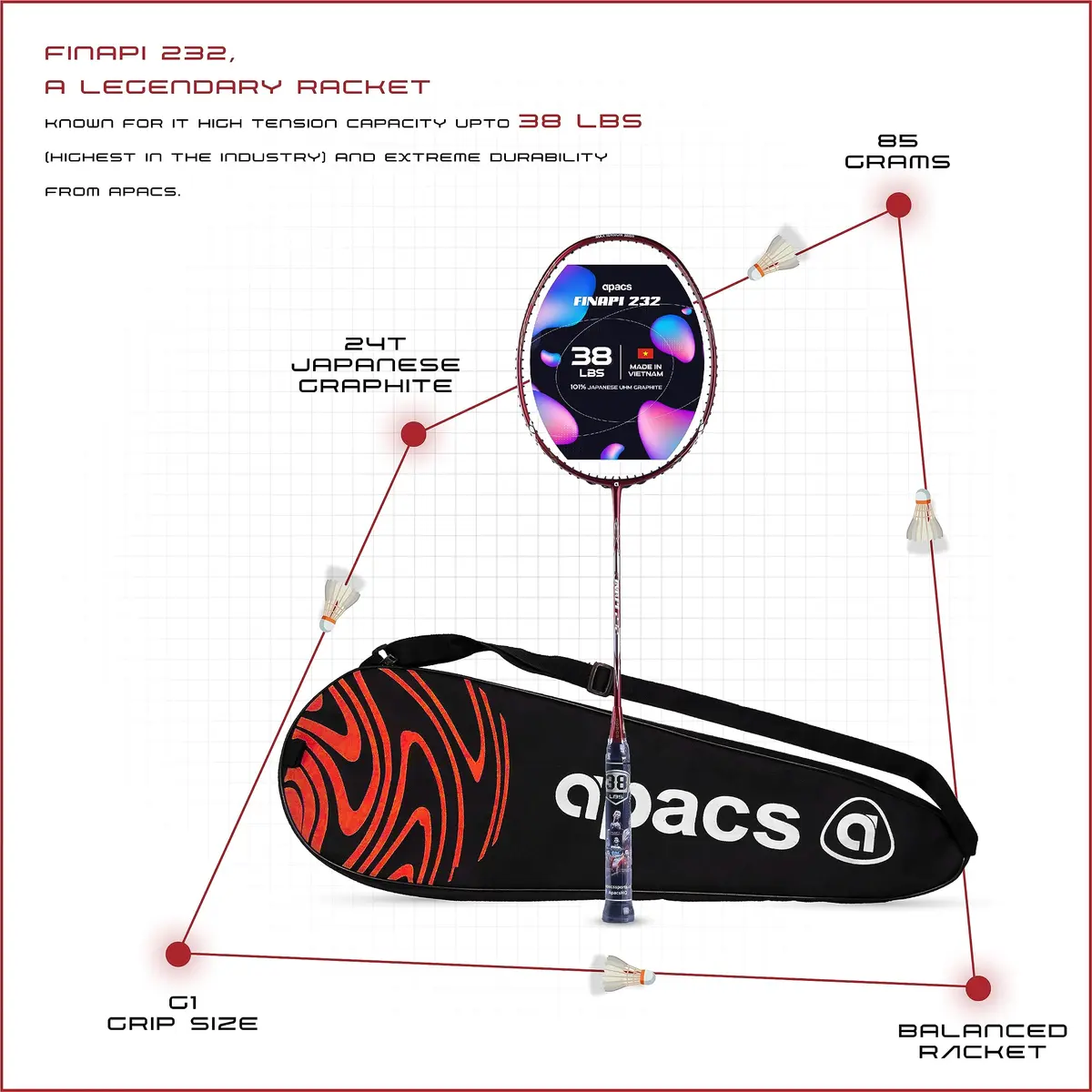 Apacs Finapi 232 Badminton Racket 38 LBS | High Power, Japanese Graphite, Made in Vietnam - view 4