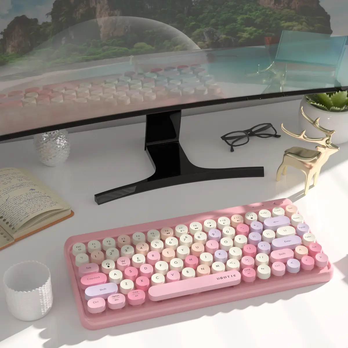 UBOTIE Portable Bluetooth Colorful Keyboard (Pink-Colorful) | Retro Round Keys, 84 Keys, Wireless - view 3