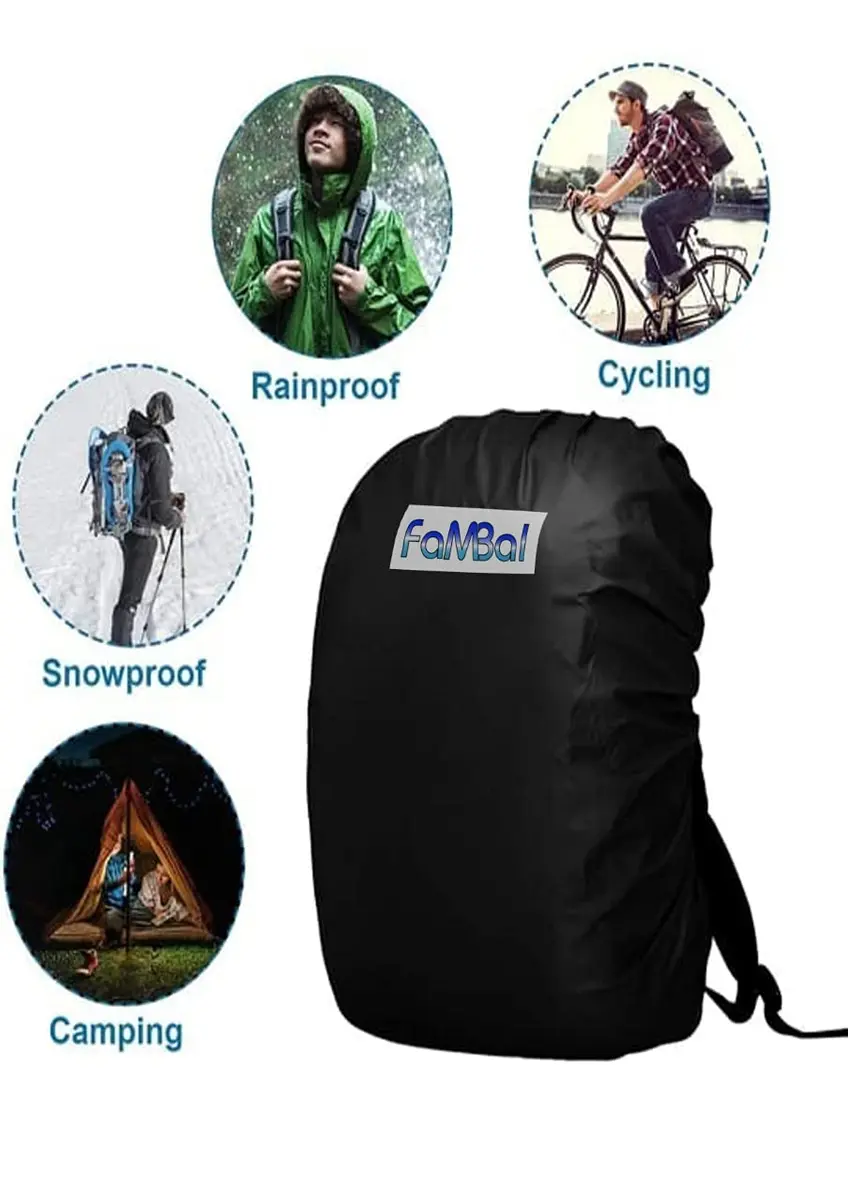 Fambal Waterproof Rain Backpack Cover Black | Fits 45L Packs & Laptop Bags | Elastic Edges & Adjustable Strap - view 2