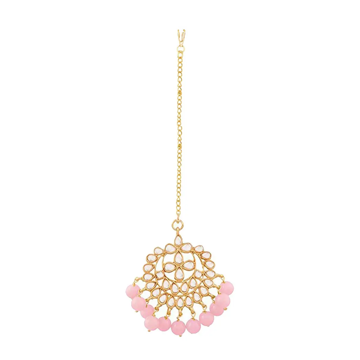I Jewels Gold Plated Kundan Maang Tikka with Pearls T7058Pi | 14.5 cm (5.7 in) Length, 2.7 cm (1.1 in) Width - view 3