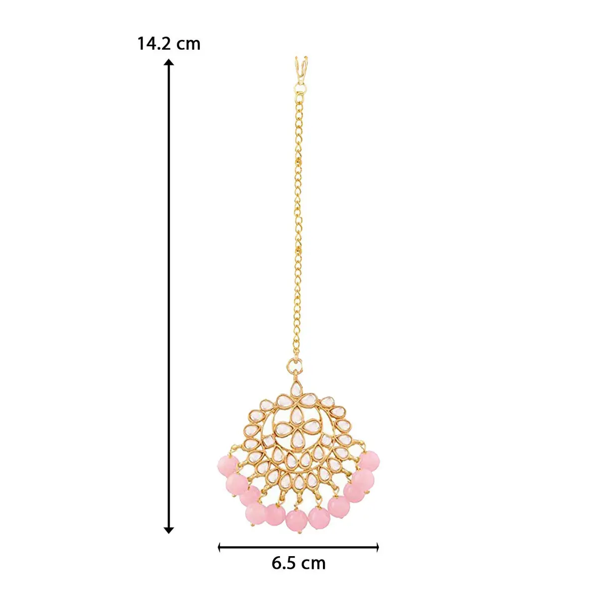 I Jewels Gold Plated Kundan Maang Tikka with Pearls T7058Pi | 14.5 cm (5.7 in) Length, 2.7 cm (1.1 in) Width - view 4