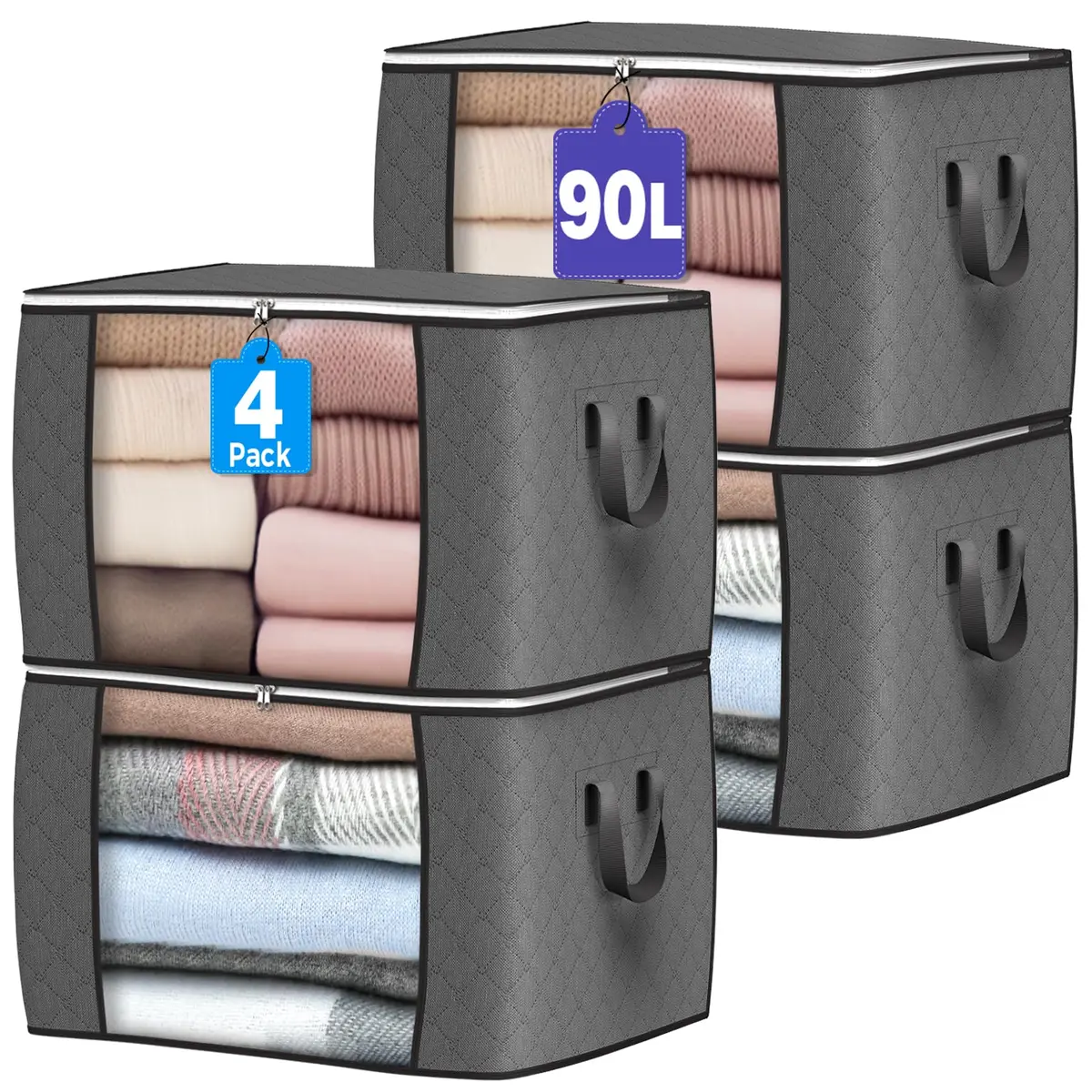 Budding Joy 90L Large Storage Bags | Foldable, Reinforced Handles, for Clothes & Comforters (23x16x13in) - main product image