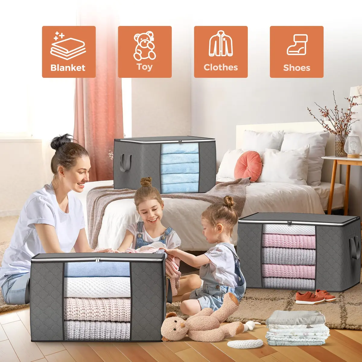 Budding Joy 90L Large Storage Bags | Foldable, Reinforced Handles, for Clothes & Comforters (23x16x13in) - view 3