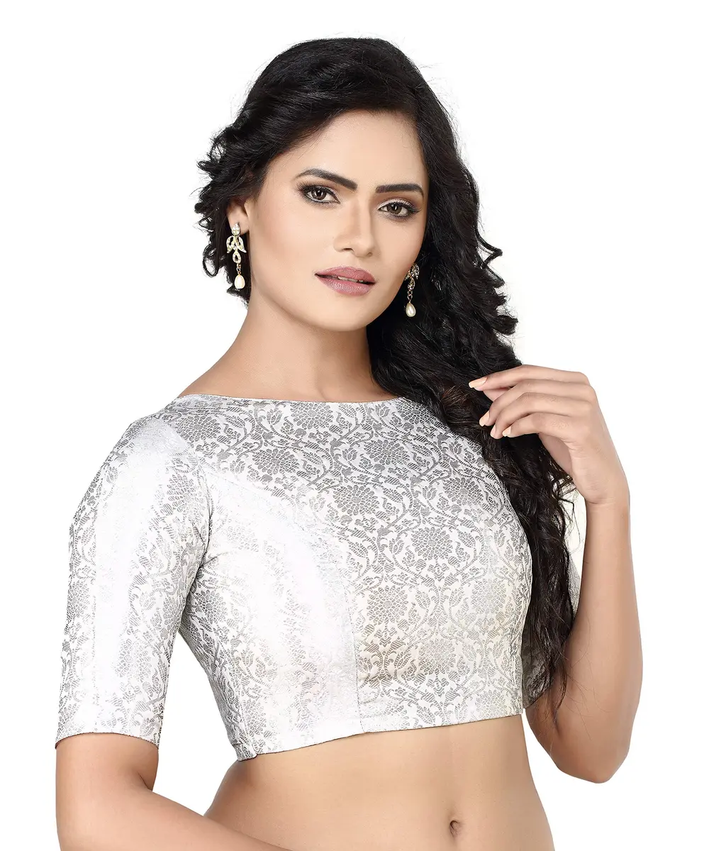 Madhu Fashion Silver Banaras Brocade Choli 38 (15cm x 25cm x 3cm) | Boat Neck Elbow Sleeve Saree Blouse - view 5