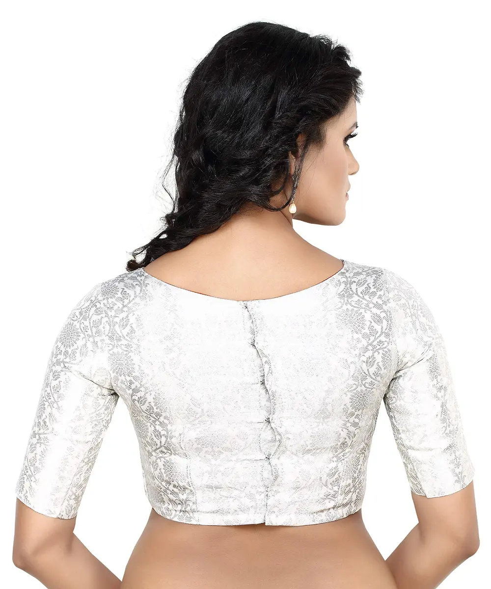 Madhu Fashion Silver Banaras Brocade Choli 38 (15cm x 25cm x 3cm) | Boat Neck Elbow Sleeve Saree Blouse - view 2