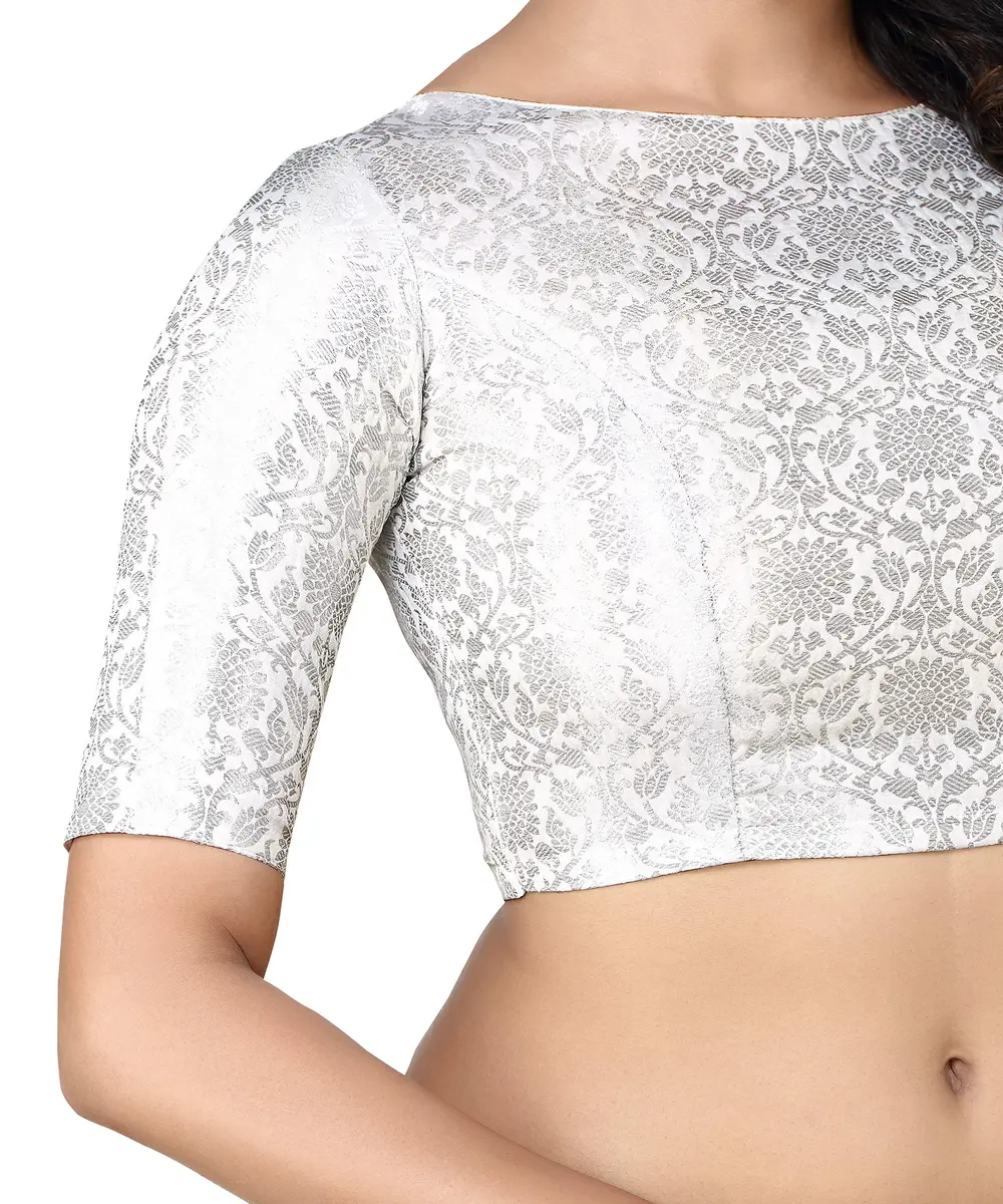 Madhu Fashion Silver Banaras Brocade Choli 38 (15cm x 25cm x 3cm) | Boat Neck Elbow Sleeve Saree Blouse - view 3