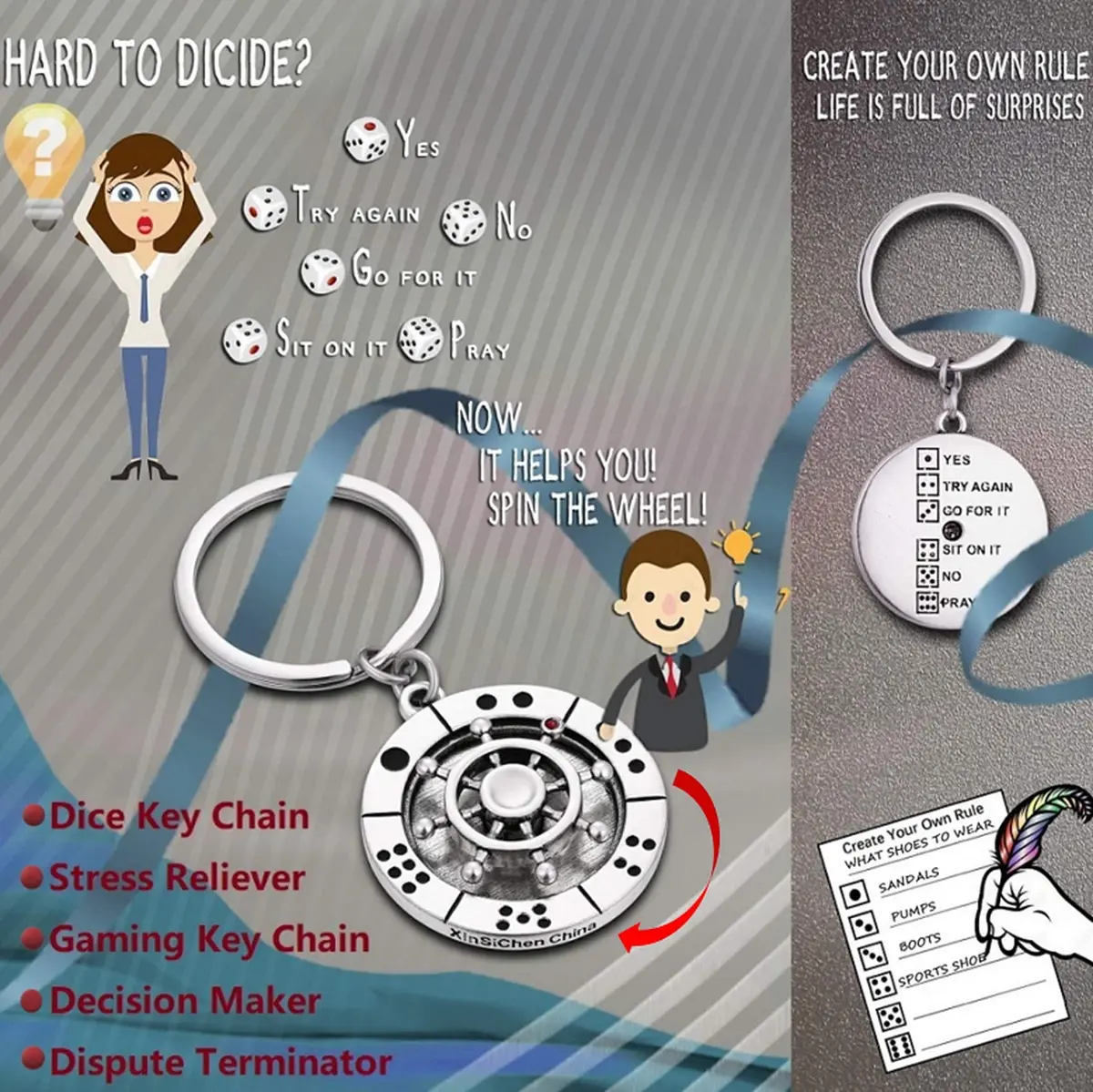 XinSiChen Stainless Steel Spinning Key Chain Fidget Key Ring with Dice & Rule Cards | 8.5cm (3.25 in) - view 5