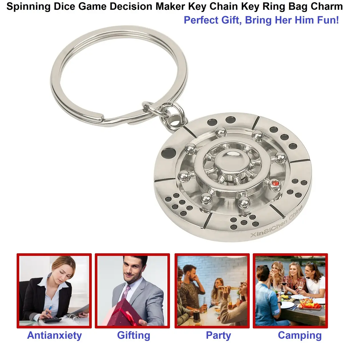 XinSiChen Stainless Steel Spinning Key Chain Fidget Key Ring with Dice & Rule Cards | 8.5cm (3.25 in) - view 3