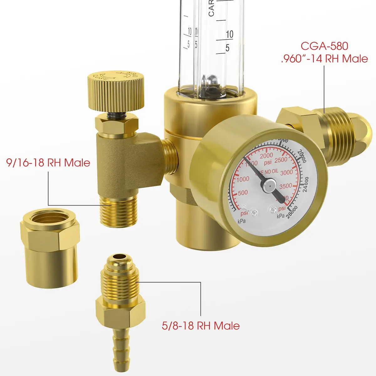 YESWELDER Welding Gas Regulator Flow Meter with Hose, CGA-580 Inlet, 0-60 CFH, 0-4000 PSI, Brass Construction | For MIG/TIG Welding - view 6