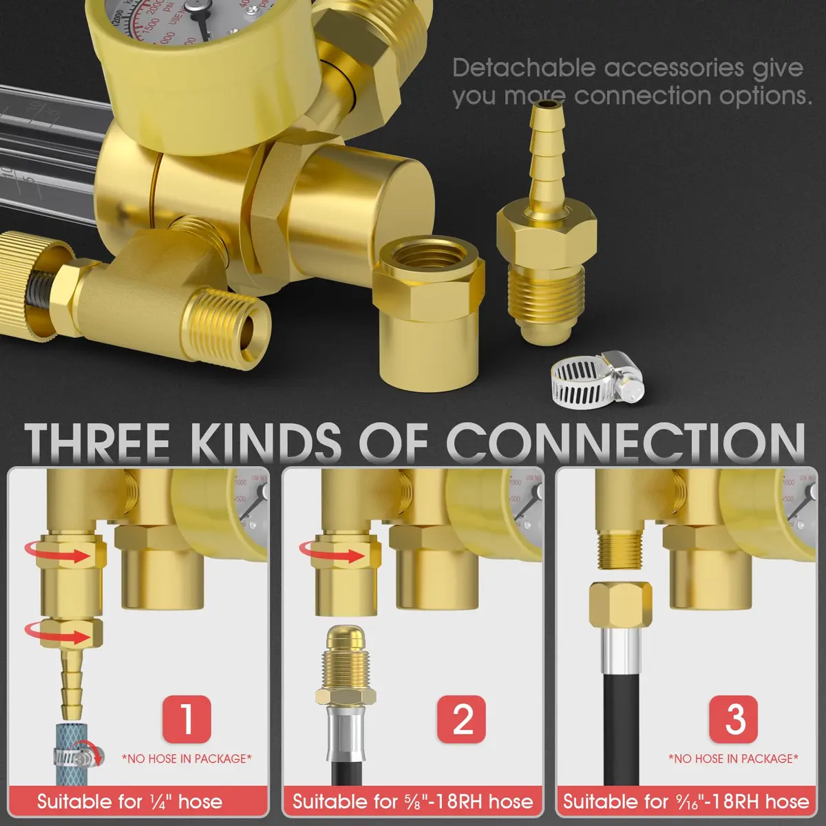 YESWELDER Welding Gas Regulator Flow Meter with Hose, CGA-580 Inlet, 0-60 CFH, 0-4000 PSI, Brass Construction | For MIG/TIG Welding - view 3