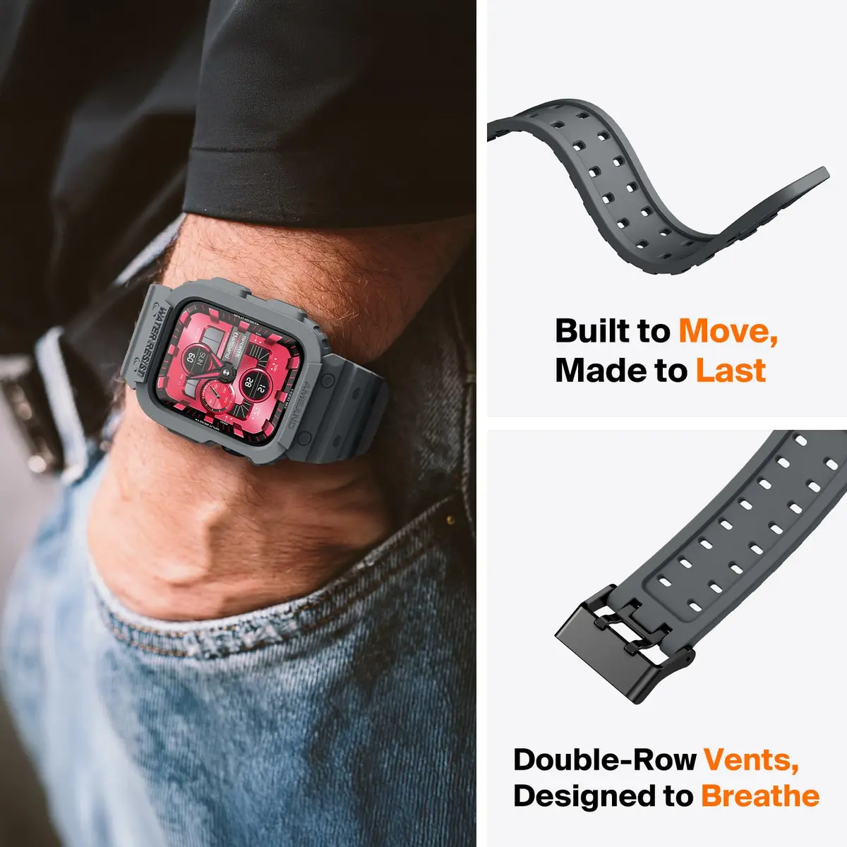 amBand Rugged Compatible for Apple Watch 45mm 44mm 42mm Space Gray | Shockproof Military Drop-Proof - view 6