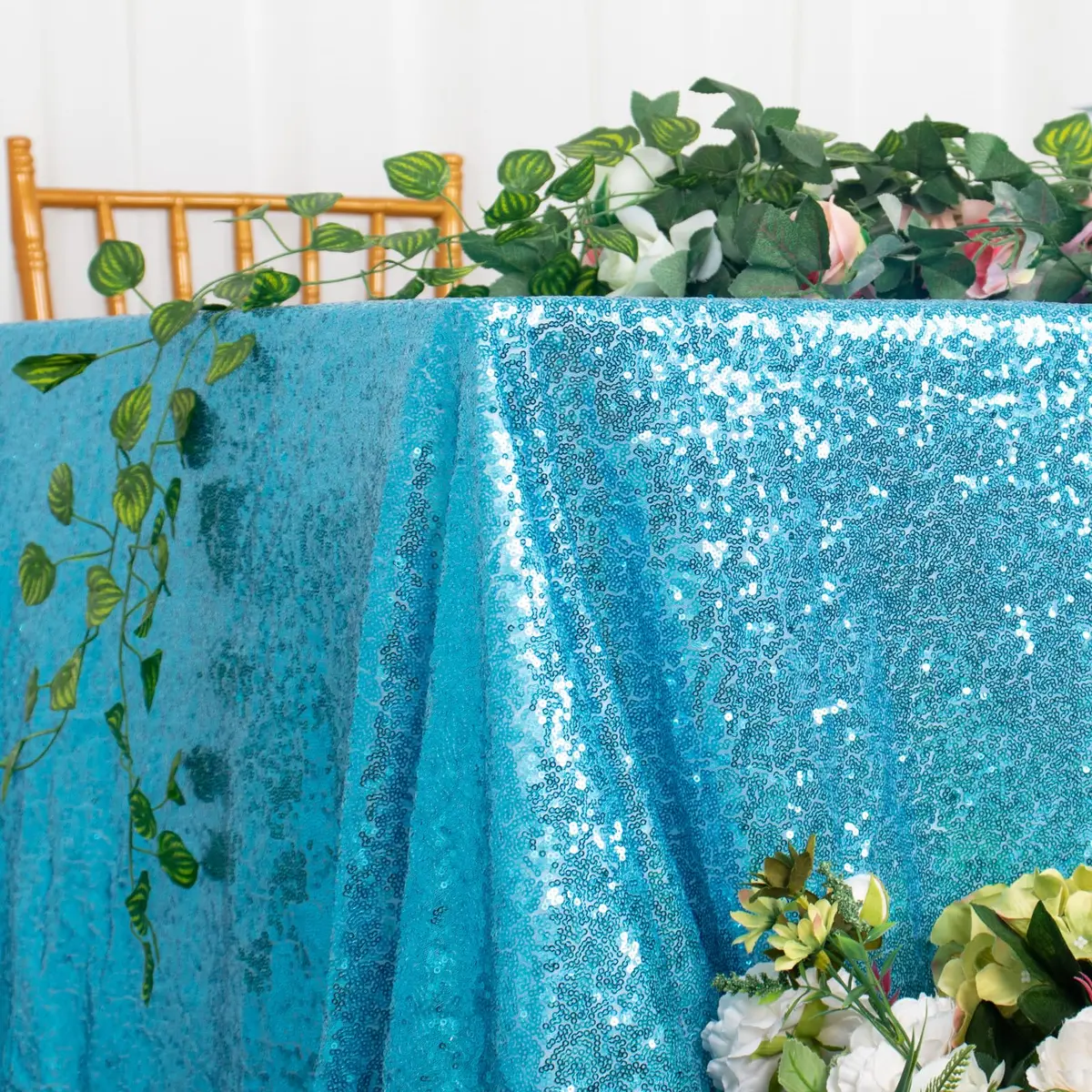 ShinyBeauty Sequin Tablecloth 48x72Inch | Turquoise Glitter Table Cover for Events - view 4