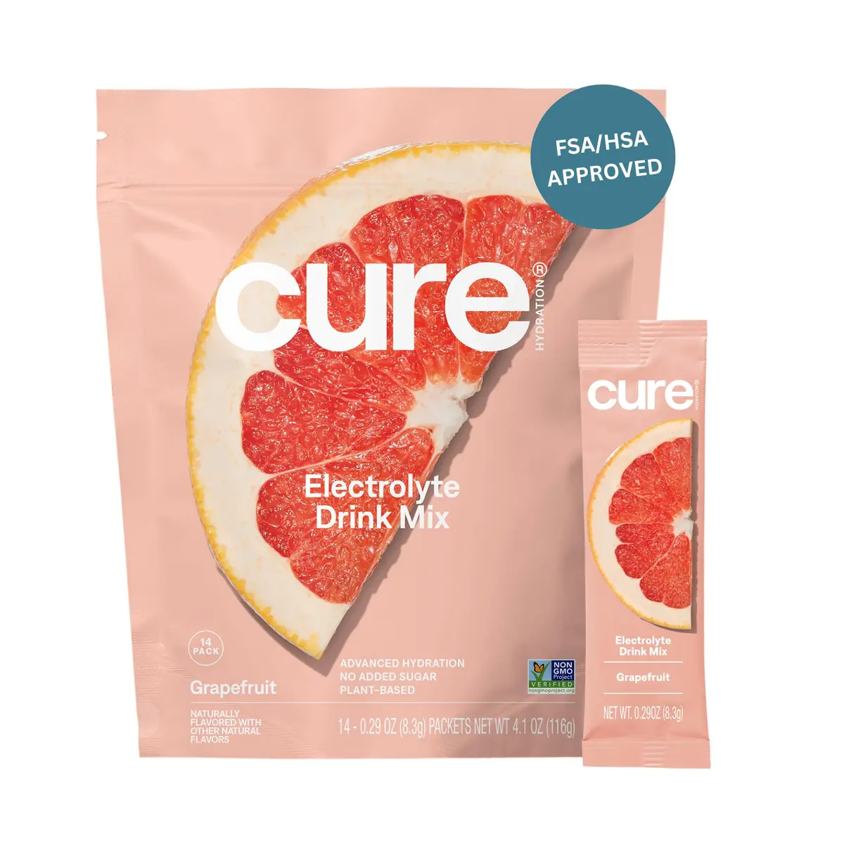 Cure Hydration Electrolyte Drink Powder Grapefruit 14 Packets | 4x Electrolytes, No Added Sugar, WHO-ORS Based - main product image