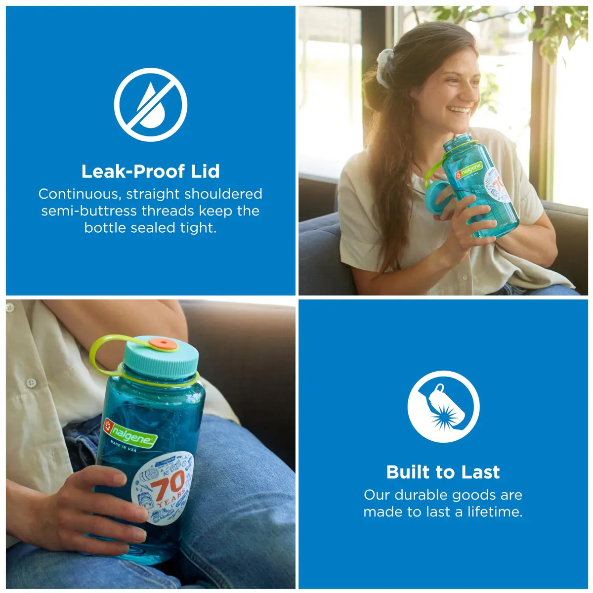 Nalgene 32 oz Wide Mouth Water Bottle, Cerulean | Heavy-Duty, Reusable, Leak-Proof & Dishwasher Safe - view 2