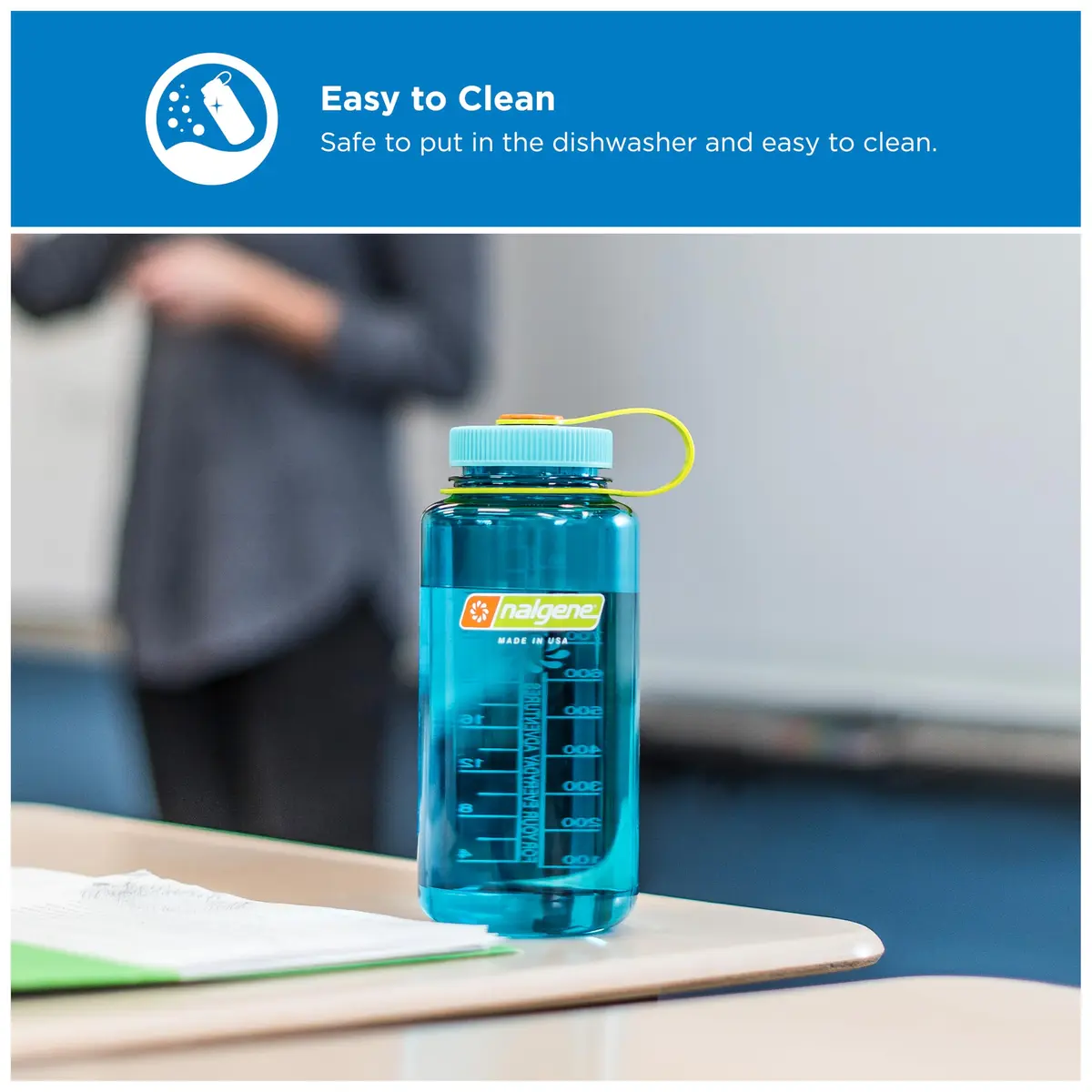 Nalgene 32 oz Wide Mouth Water Bottle, Cerulean | Heavy-Duty, Reusable, Leak-Proof & Dishwasher Safe - view 3
