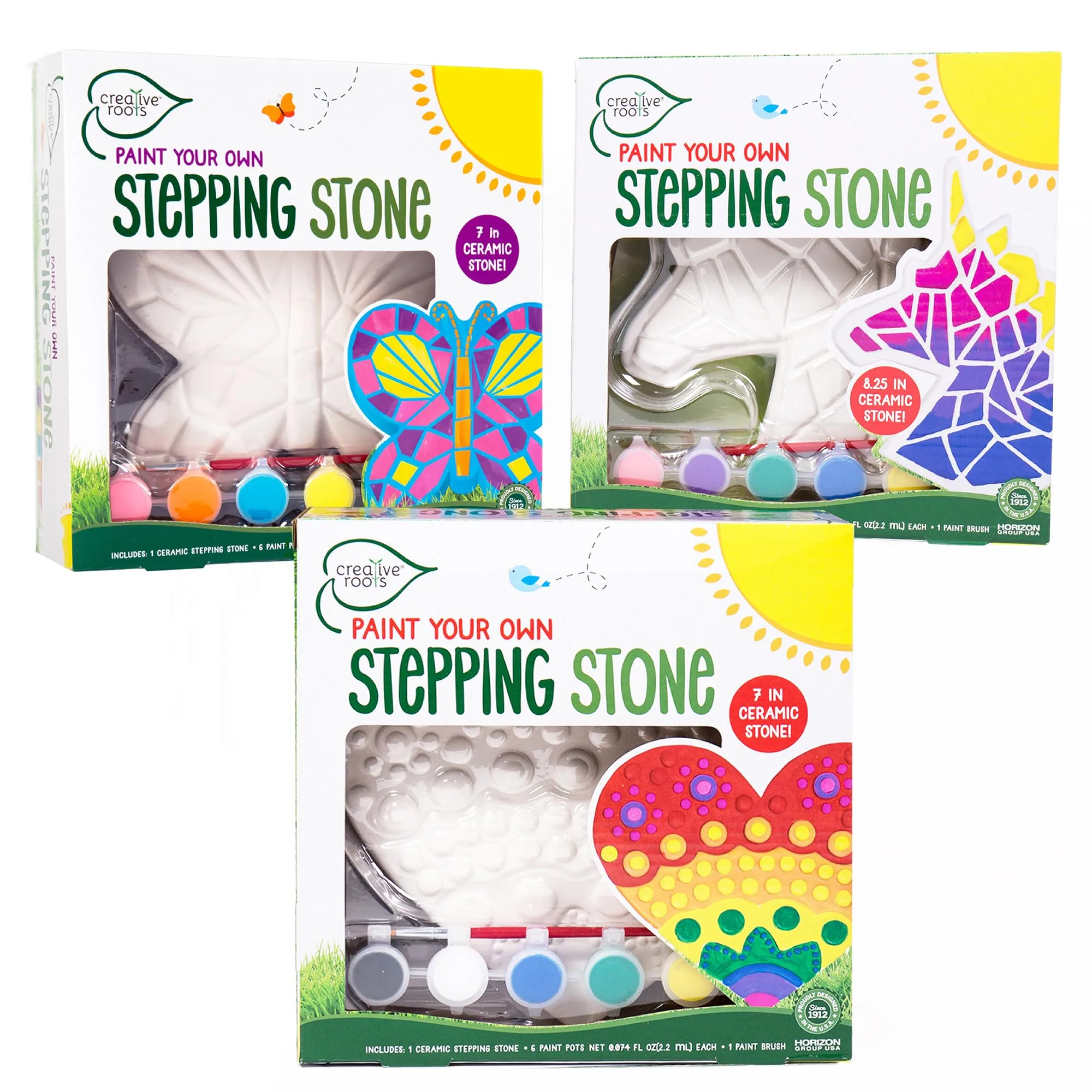 Creative Roots Paint Your Own Stepping Stones Multipack with Butterfly, Unicorn, & Heart, 7 Inch Each | 3 Ceramic Stepping Stones, 18 Acrylic Paints, 3 Paintbrushes - main product image