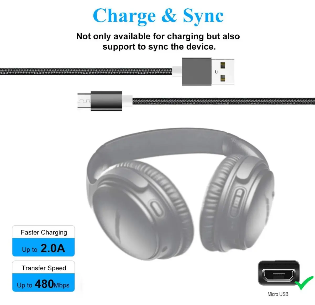 Akingdleo Black USB Charging Cable for Bose QC35 II Headphones | 1.5m (5ft) Nylon Braided - view 2