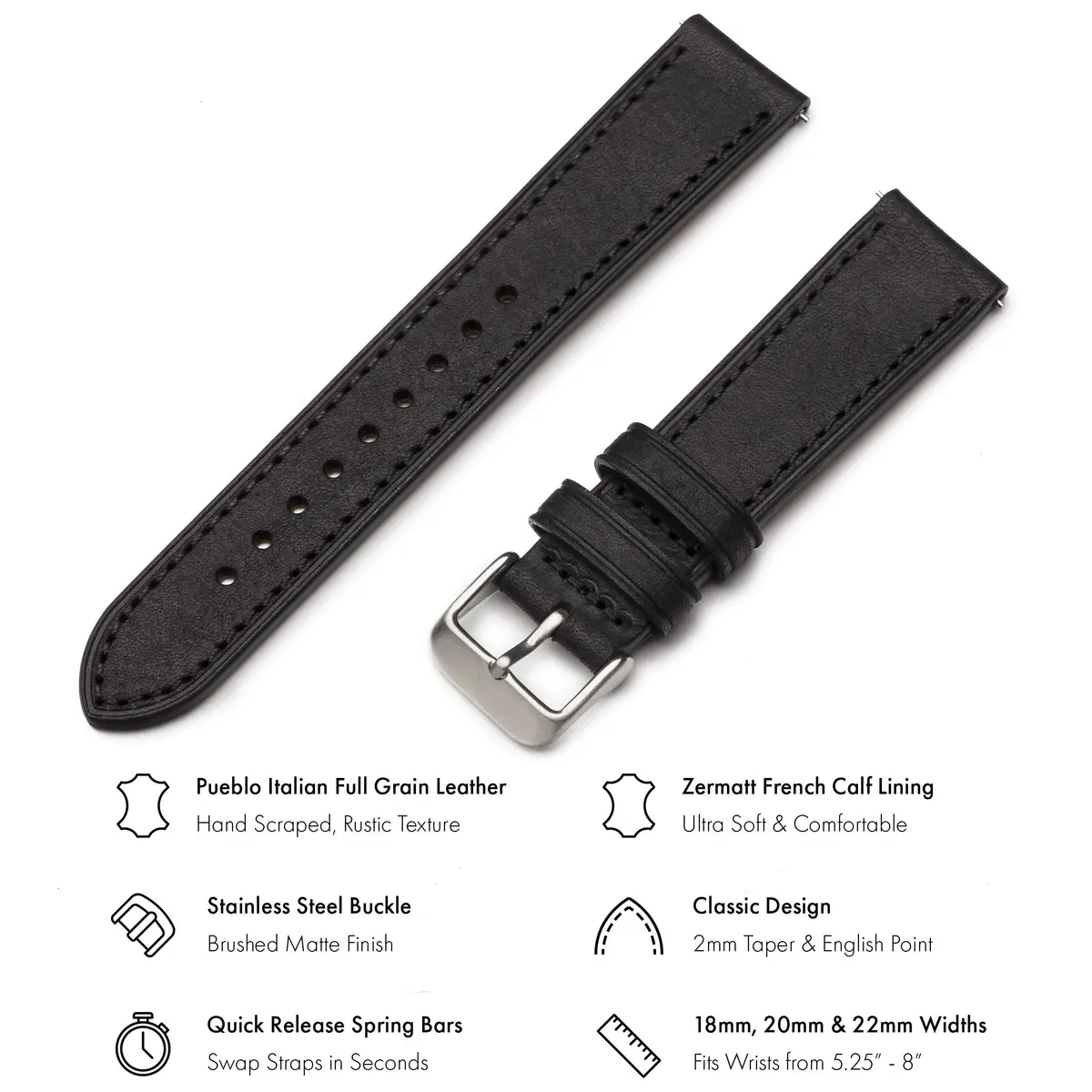 Benchmark Basics Quick Release Leather Watch Band - Premium Italian Full Grain Leather, 20mm | Classic Style & Easy Swap - view 2