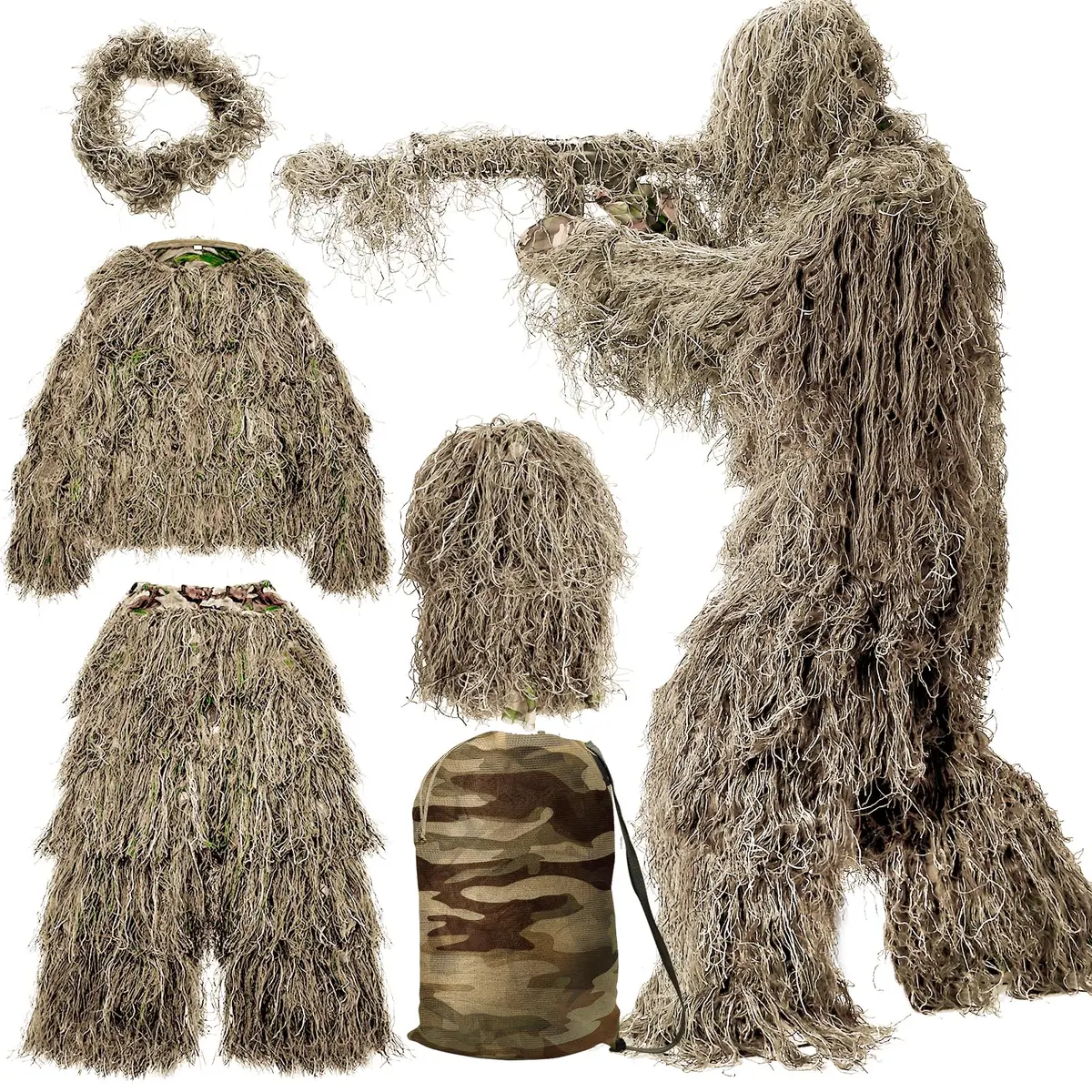 MOPHOTO 5 in 1 Ghillie Suit 3D Camouflage Hunting Suit - Jacket, Pants, Hood, Carry Bag, Youth & Adult Sizes - main product image