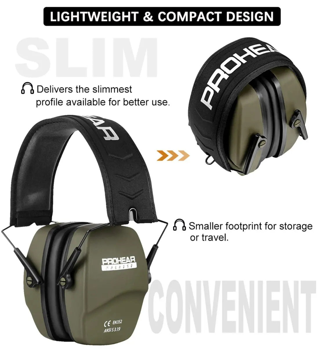 PROHEAR 016 NRR 26dB Shooting Ear Protection Slim Passive Earmuffs Green Passive Foam | Foldable & Lightweight for Hunting, Woodworking, and Range Use - view 5